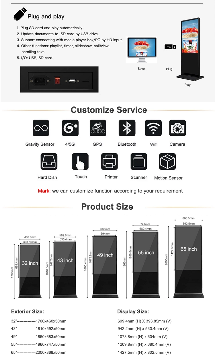 Commercial LCD Advertising Display Digital Signage with WiFi Floor Standing Digital Signage