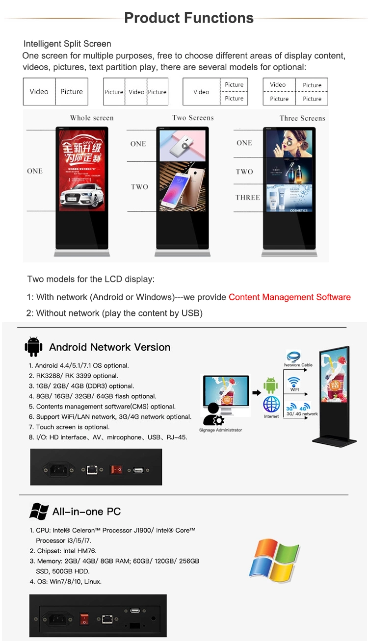 Commercial LCD Advertising Display Digital Signage with WiFi Floor Standing Digital Signage